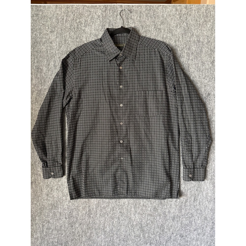 Ermenegildo Zegna Mens XL Black White Geometric Grid Cotton Button Down Shirt